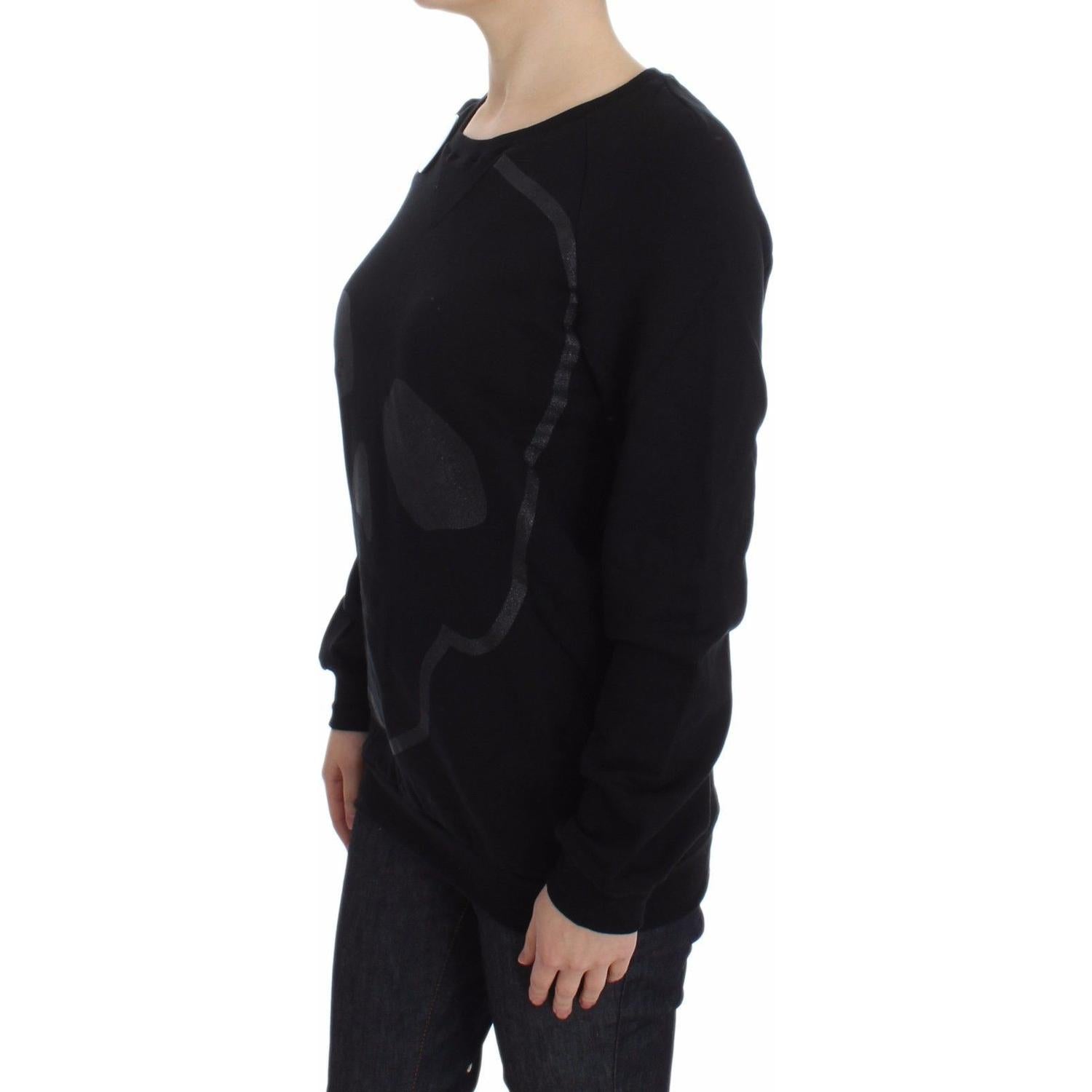 Exte Black Cotton Motive Print Crewneck Pullover Sweater