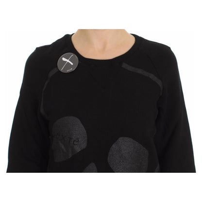 Exte Black Cotton Motive Print Crewneck Pullover Sweater Exte