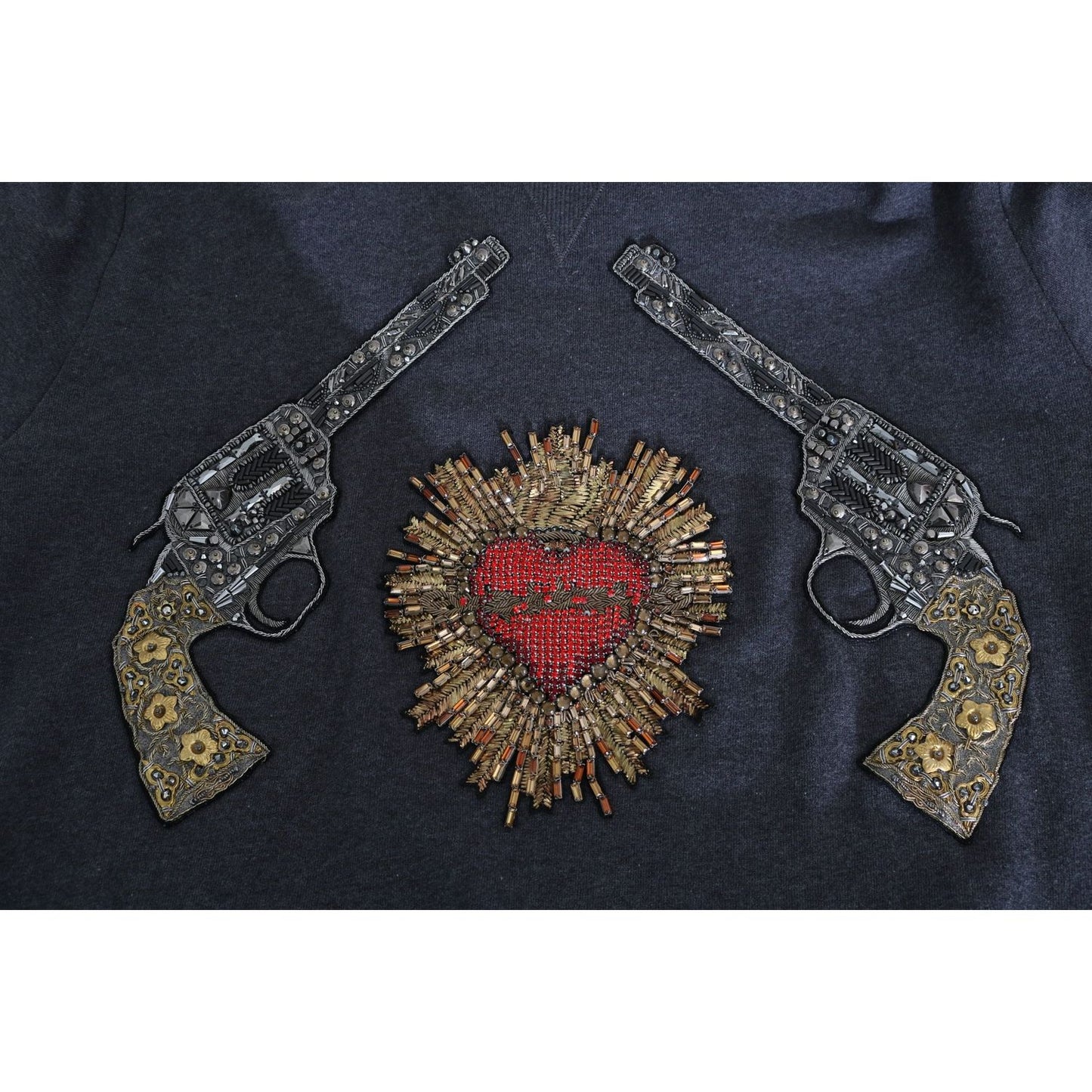 Dolce & Gabbana Gray Crystal Heart Gun Motif Sweater Dolce & Gabbana