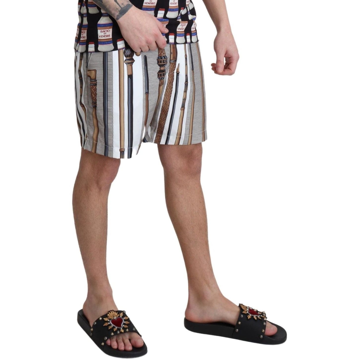 Dolce & Gabbana White Walking Stick Beachwear Shorts Swimshorts