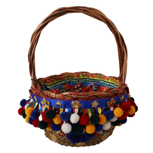 Dolce & Gabbana Multicolor Cotton Embellished Agnese Basket Tote Bag 1728,67345645728,Bags,Bucket Bags - Bags,Dolce & Gabbana,Material: Wicker,Multicolor,New with tags,Tote Bags - Bags,Tote Bags - Women - Bags,Women,Women - Bags