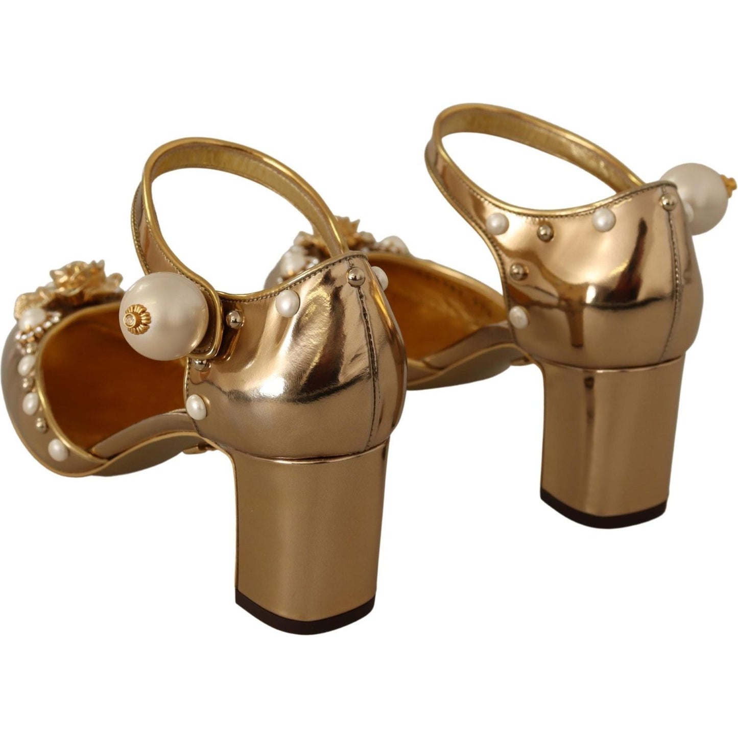 Dolce & Gabbana Elegant Gold Leather Block Heels with Crystals