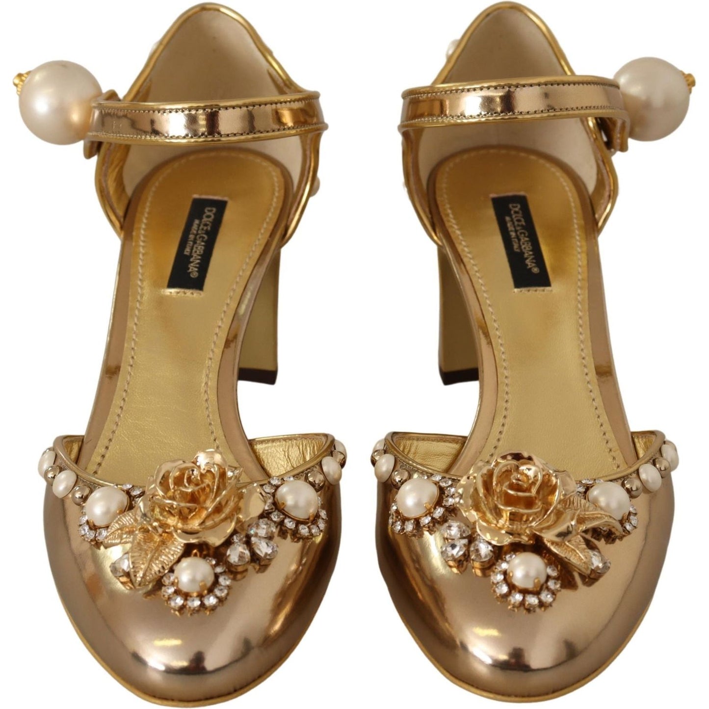 Dolce & Gabbana Elegant Gold Leather Block Heels with Crystals