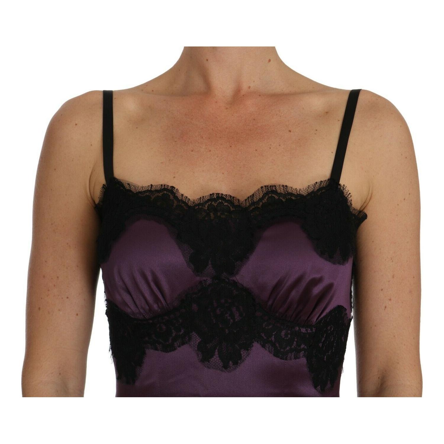 Dolce & Gabbana Purple Silk Stretch Black Lace A-Line Dress