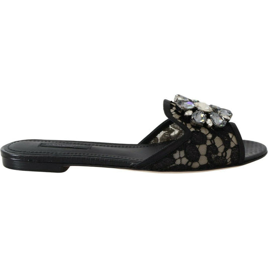 Dolce & Gabbana Elegant Black Lace Mules with Jewel Flower Detail Dolce & Gabbana