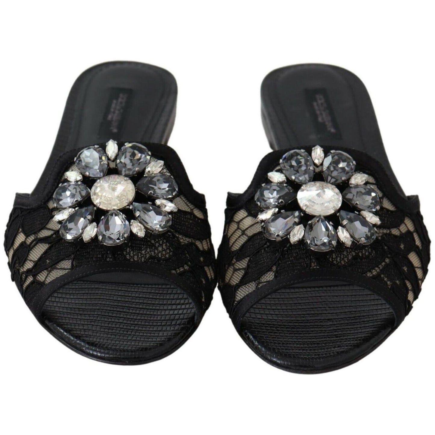 Dolce & Gabbana Elegant Black Lace Mules with Jewel Flower Detail Dolce & Gabbana