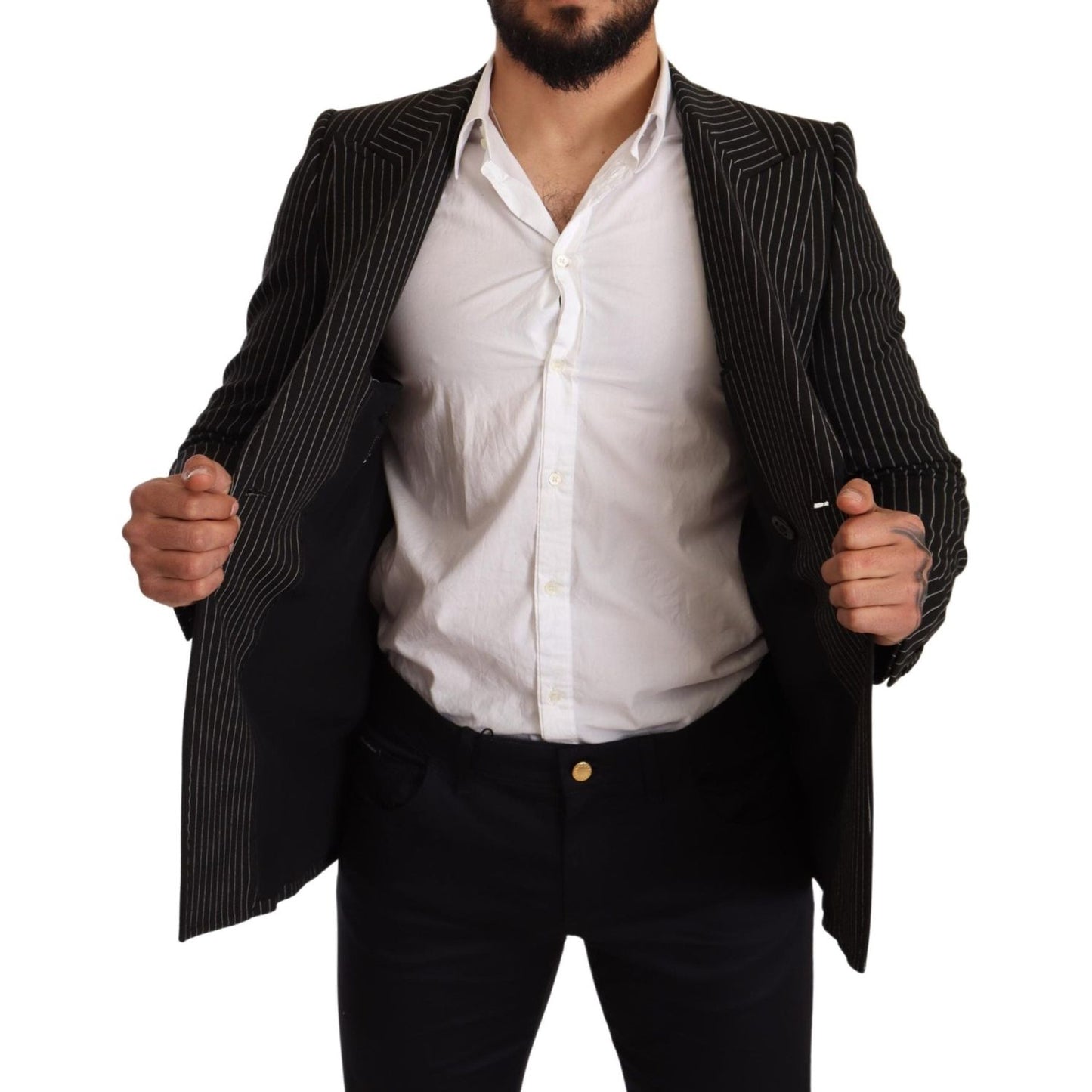 Dolce & Gabbana Black White Striped Slim Fit Coat Blazer