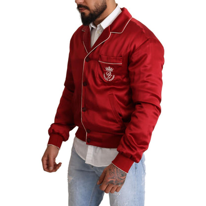 Dolce & Gabbana Red Silk Button DG Logo Bomber Jacket 1728,67345645728,Bombers - Jackets & Coats - Clothing,Clothing,Dolce & Gabbana,IT48 | M,Jackets & Coats - Clothing,Jackets - Men - Clothing,Material: 100% Silk,Men,Men - Clothing,New with tags,Red