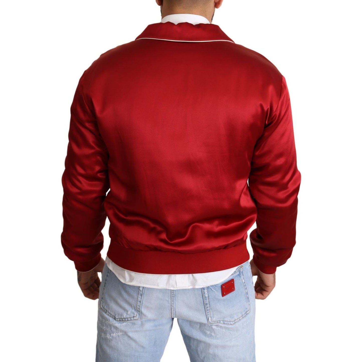 Dolce & Gabbana Red Silk Button DG Logo Bomber Jacket 1728,67345645728,Bombers - Jackets & Coats - Clothing,Clothing,Dolce & Gabbana,IT48 | M,Jackets & Coats - Clothing,Jackets - Men - Clothing,Material: 100% Silk,Men,Men - Clothing,New with tags,Red