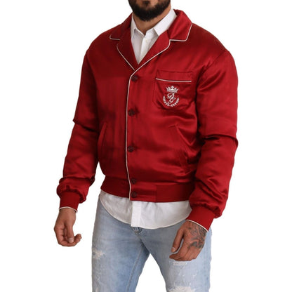 Dolce & Gabbana Red Silk Button DG Logo Bomber Jacket 1728,67345645728,Bombers - Jackets & Coats - Clothing,Clothing,Dolce & Gabbana,IT48 | M,Jackets & Coats - Clothing,Jackets - Men - Clothing,Material: 100% Silk,Men,Men - Clothing,New with tags,Red