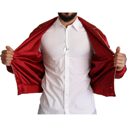 Dolce & Gabbana Red Silk Button DG Logo Bomber Jacket 1728,67345645728,Bombers - Jackets & Coats - Clothing,Clothing,Dolce & Gabbana,IT48 | M,Jackets & Coats - Clothing,Jackets - Men - Clothing,Material: 100% Silk,Men,Men - Clothing,New with tags,Red