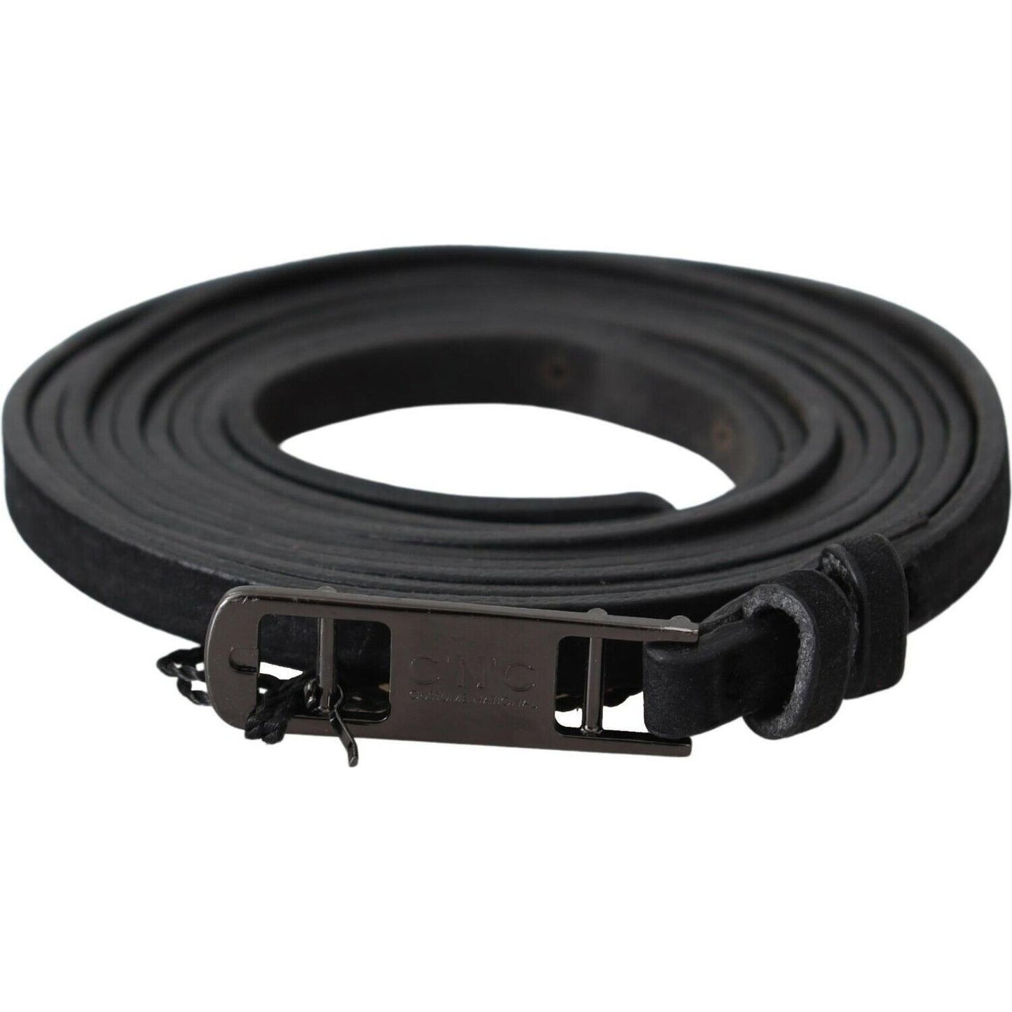 Costume National Black Leather Skinny Logo Buckle Belt