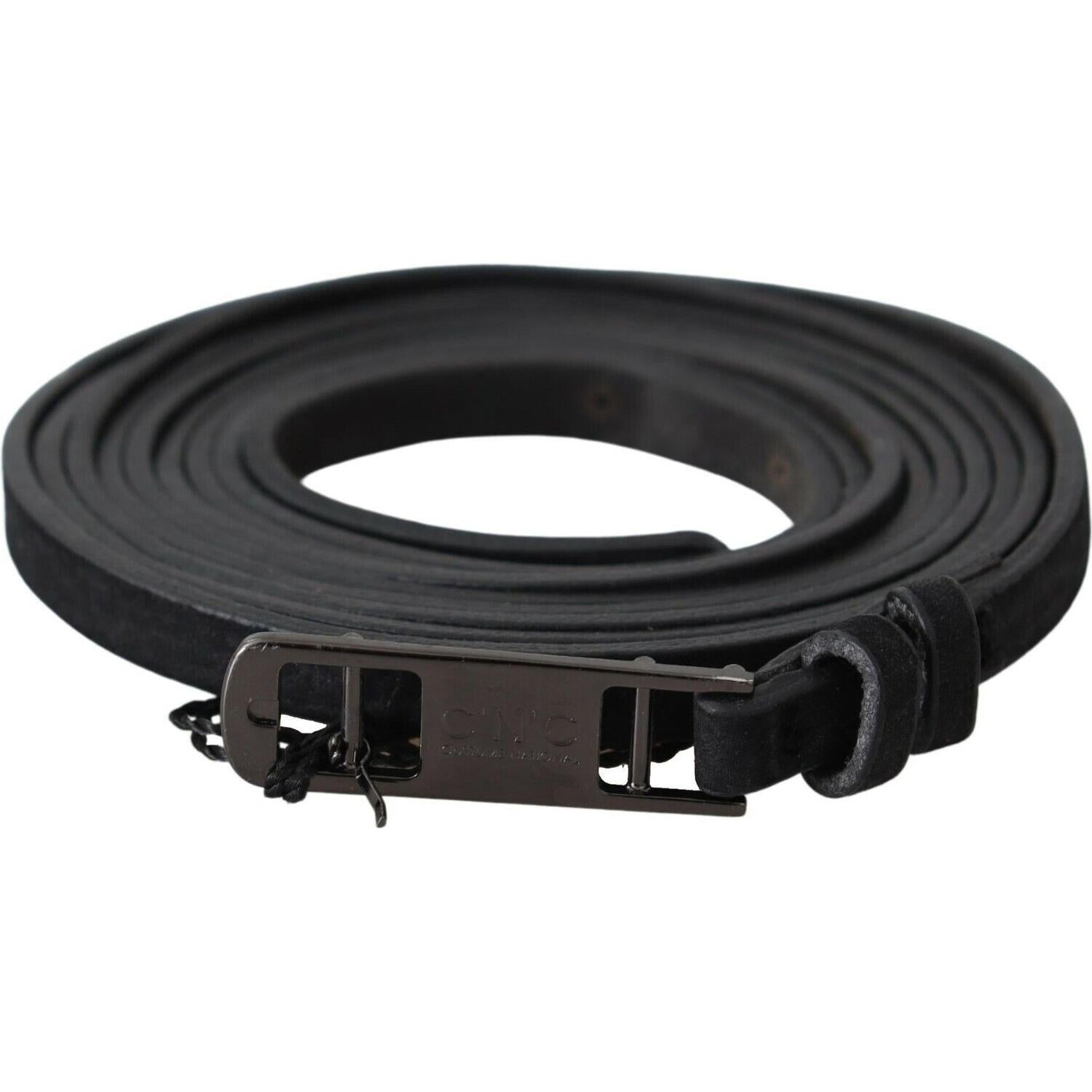 Costume National Black Leather Skinny Logo Buckle Belt