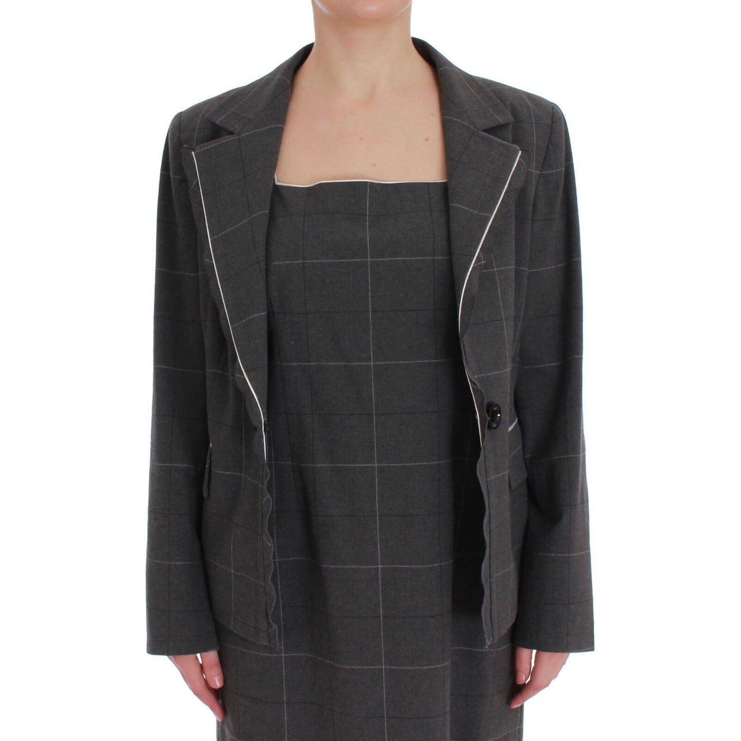 BENCIVENGA Gray Checkered Cotton Blazer Dress Set Suit 1728,20% Viscose,67345645728,BENCIVENGA,Clothing,Gray,IT50 | XXL,Material: 80% Cotton,New with tags,Suits & Blazers - Clothing,Suits & Blazers - Women - Clothing,Two-Piece Suits - Suits & Blazers - Cl
