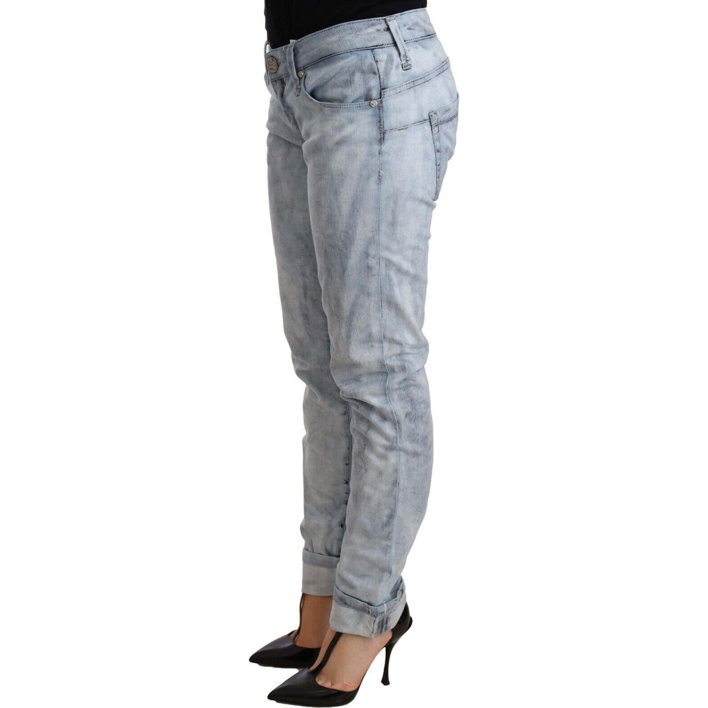 Acht Light Blue Washed Cotton Folded Hem Denim Trouser