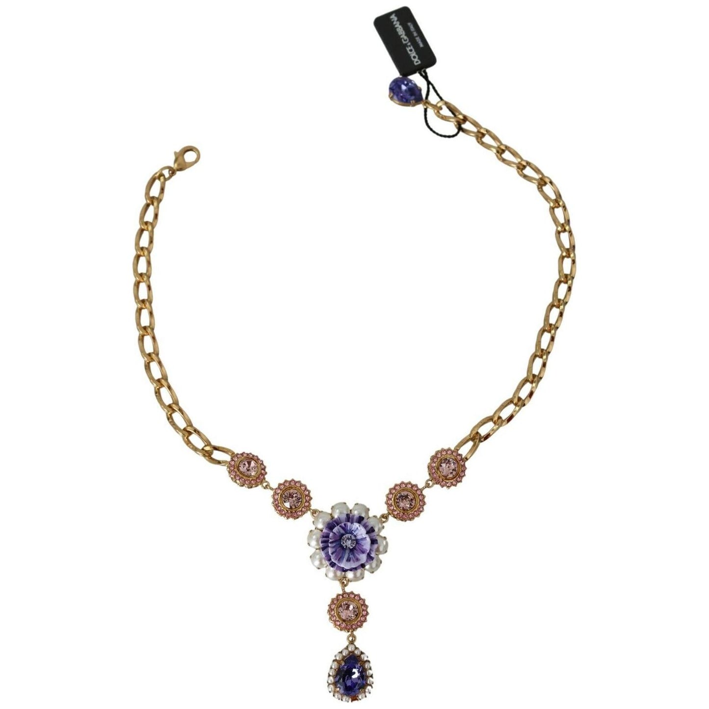 Dolce & Gabbana Elegant Gold Crystal Floral Charm Necklace WOMAN NECKLACE Dolce & Gabbana