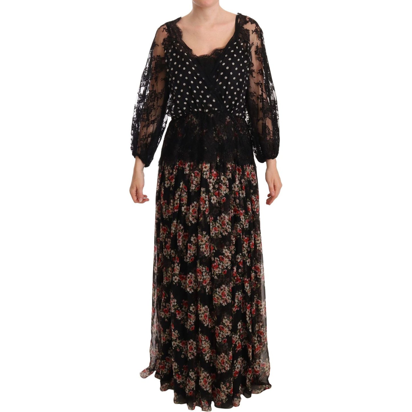 Dolce & Gabbana Elegant Lace Floral Maxi Dress with Polka Dots WOMAN DRESSES Dolce & Gabbana