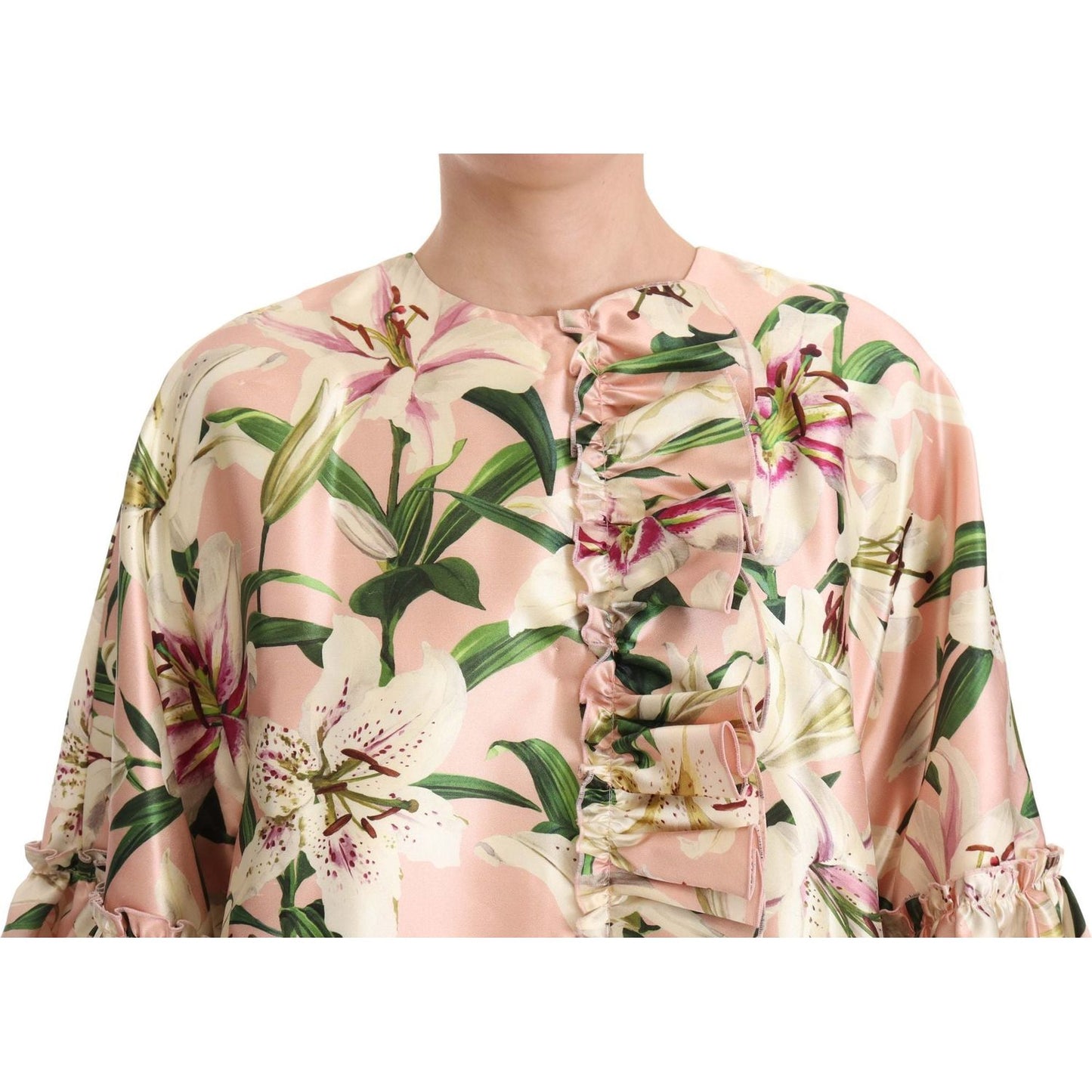 Dolce & Gabbana Elegant Floral Ruffled Silk Long Coat Dolce & Gabbana