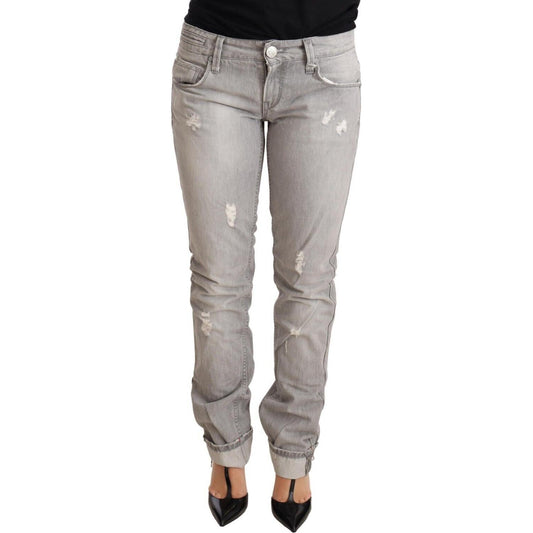 Acht Gray Tattered Cotton Slim Fit Folded Hem Women Denim Jeans Jeans & Pants