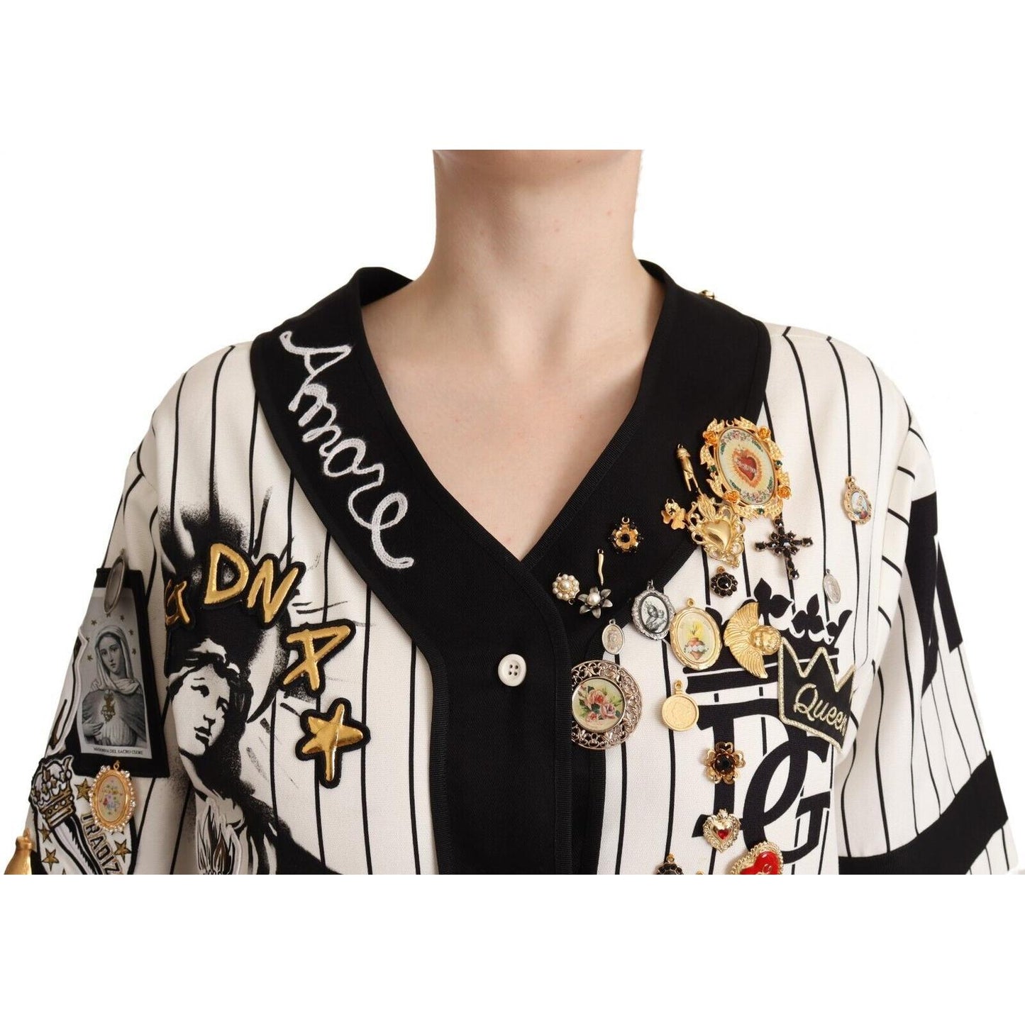 Dolce & Gabbana Elegant Striped V-Neck Blouse with Charms Dolce & Gabbana