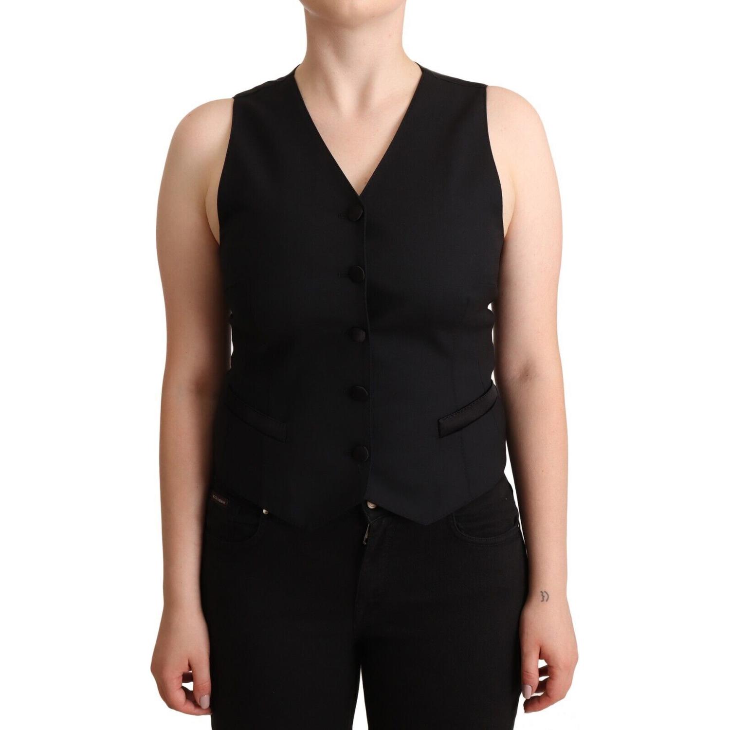 Dolce & Gabbana Black Button Down Sleeveless Viscose Vest Top