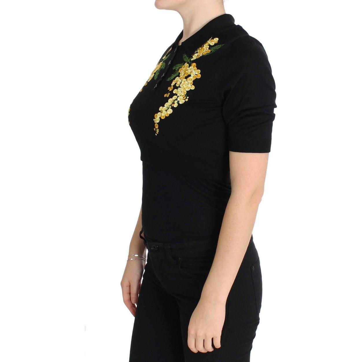Dolce & Gabbana Black Silk Floral Embroidered Polo Top