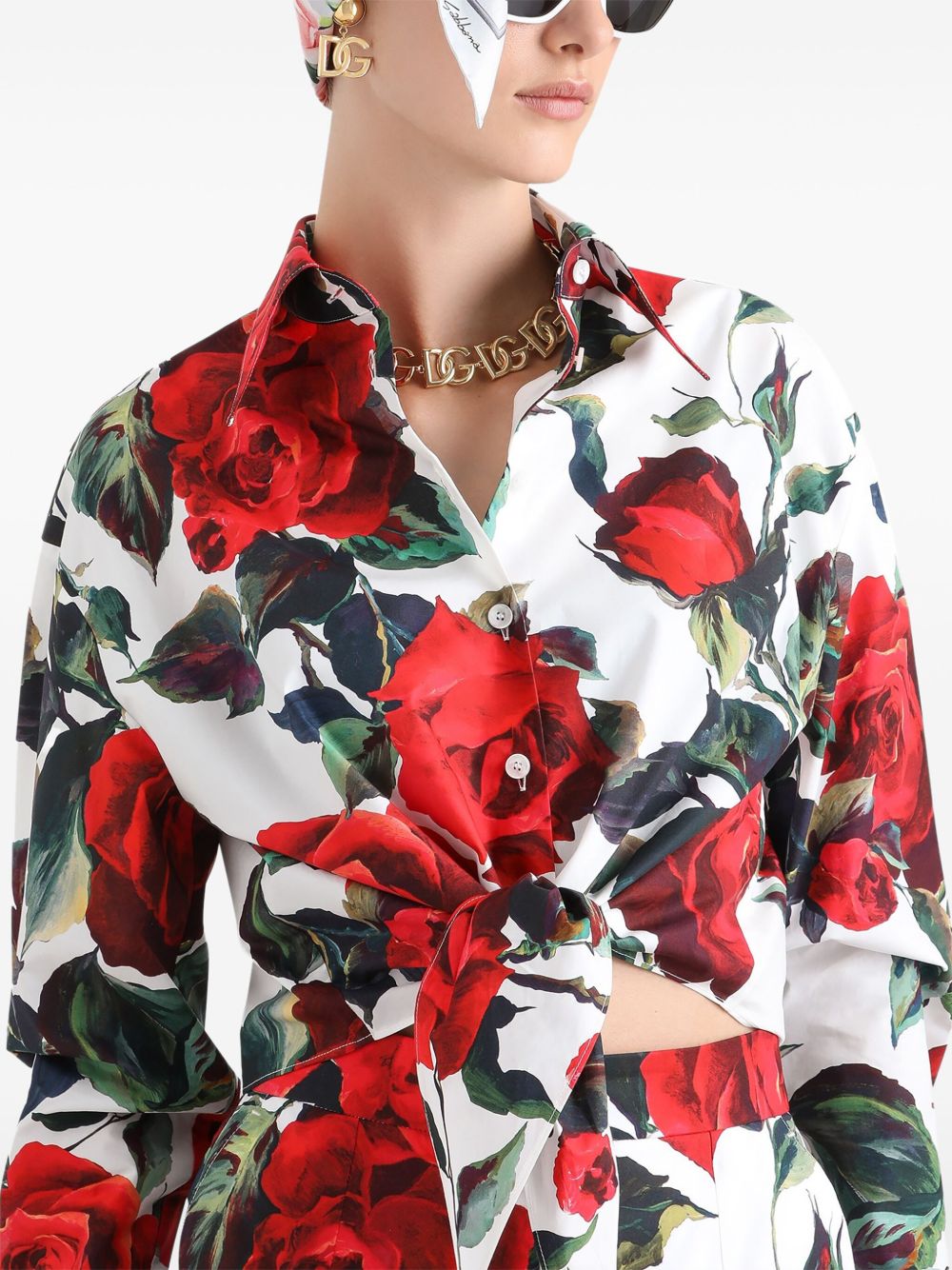 Dolce & Gabbana Short shirt with bow in cotton with rose print Shirts Dolce & Gabbana