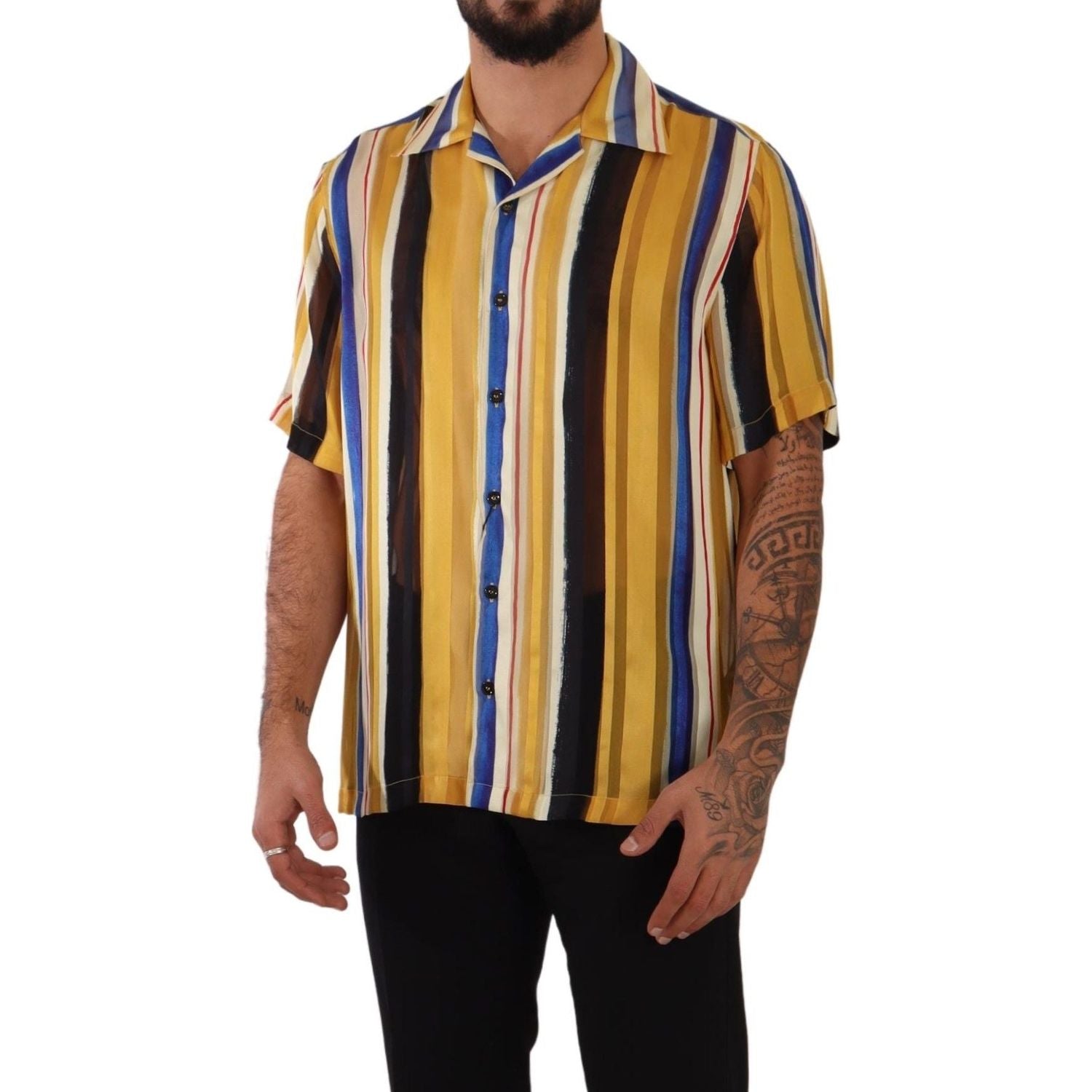 Dolce & Gabbana Yellow Striped Short Sleeve Silk Shirt