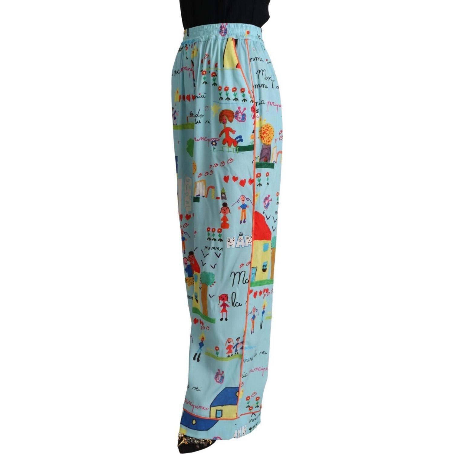 Dolce & Gabbana Light Blue Drawing Mid Waist Wide Leg Pants