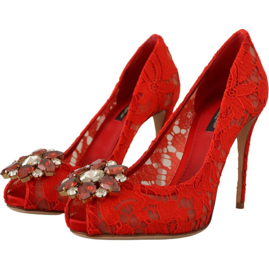 Dolce & Gabbana Red Crystal Taormina Lace Heels Pumps Dolce & Gabbana