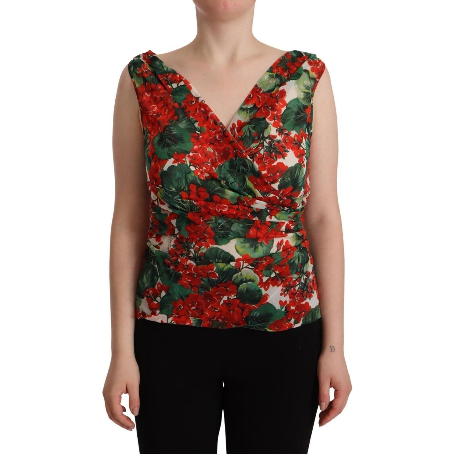 Dolce & Gabbana Elegant V-Neck Geranium Print Silk Tank Top Dolce & Gabbana