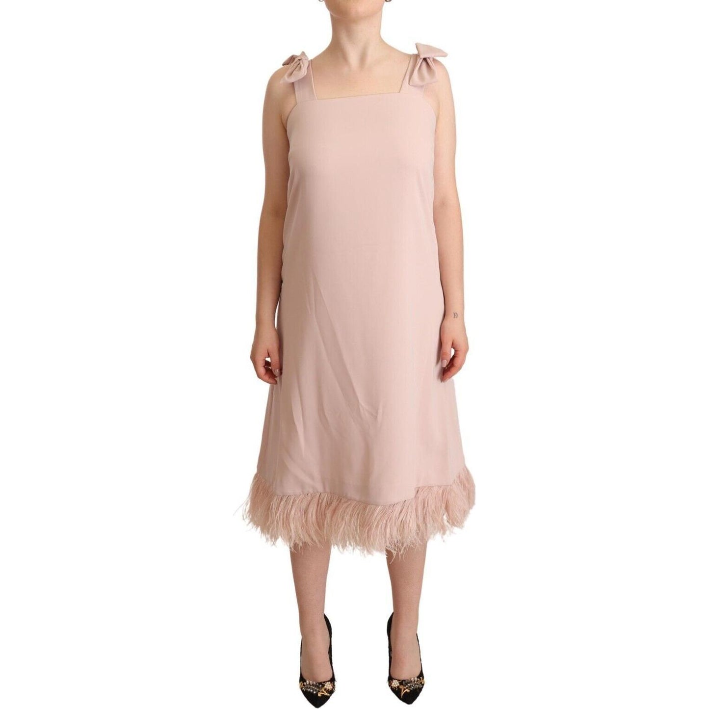 P.A.R.O.S.H. Pink Polyester Sleeveless Midi Feather Shift Dress P.A.R.O.S.H.