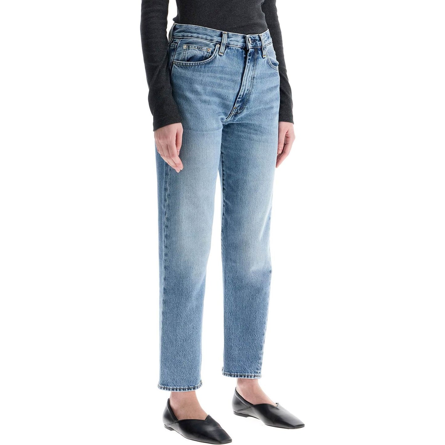 Toteme worn blue organic cotton jeans with twisted seams