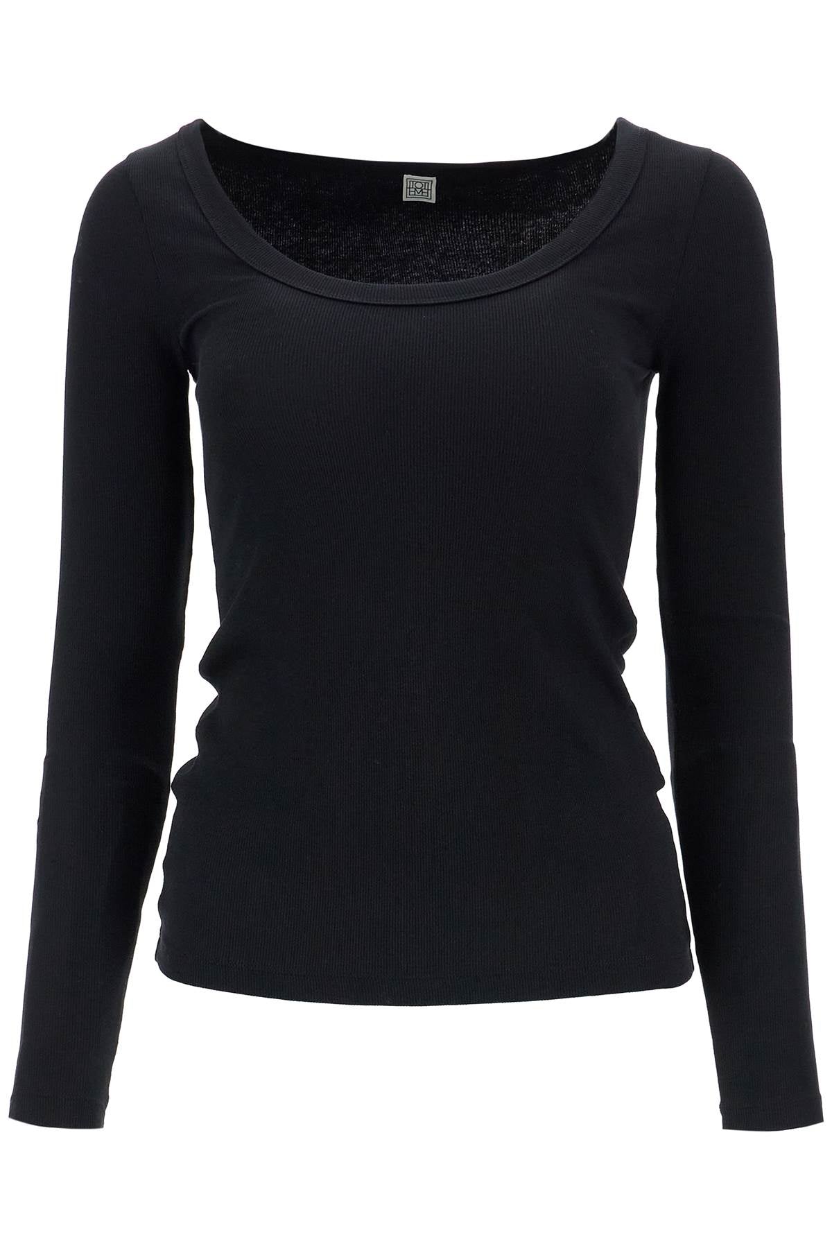 Toteme black organic cotton ribbed top with wide neckline Topwear Toteme