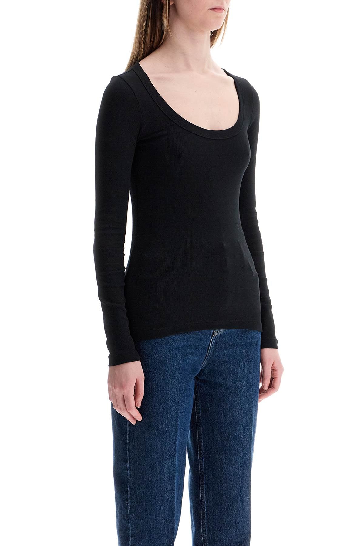 Toteme black organic cotton ribbed top with wide neckline Topwear Toteme