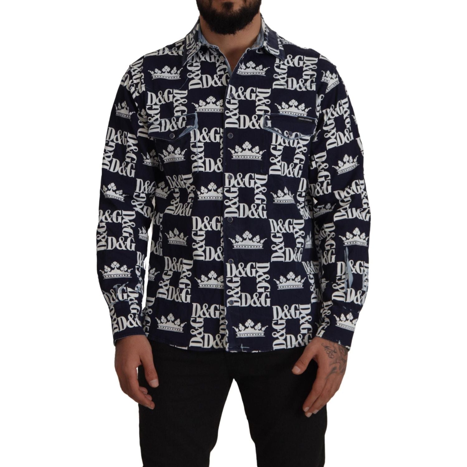 Dolce & Gabbana Blue Denim Stretch DG Crown Logo Casual Shirt
