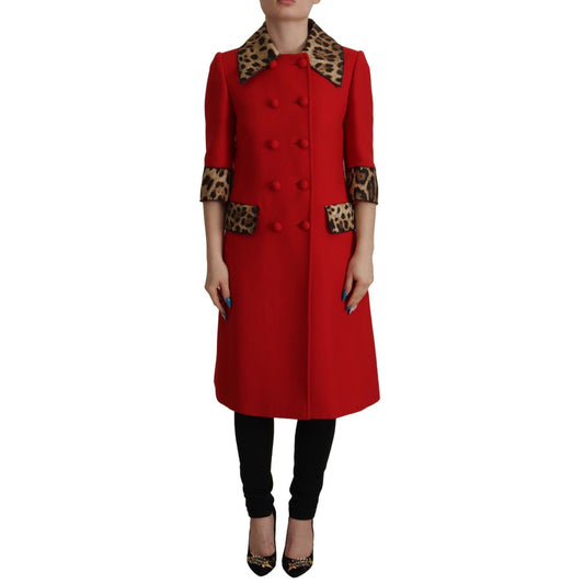 Dolce & Gabbana Red Leopard Wool Trenchcoat Jacket
