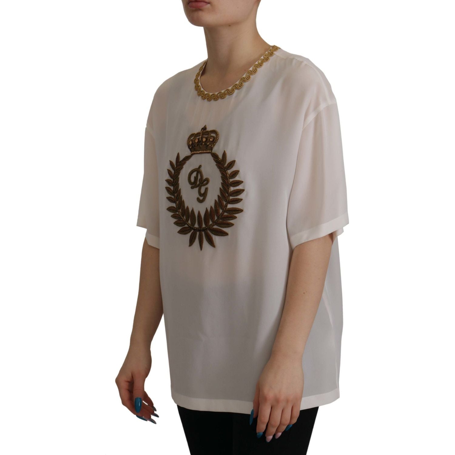 Dolce & Gabbana White Silk Gold DG Crown Crystal Blouse Top
