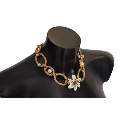 Dolce & Gabbana Gold White Lily Floral Chain Statement Necklace