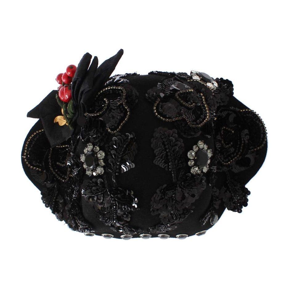 Dolce & Gabbana Black Crystal Gold Cherries Brooch Hat