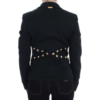 Exte Black Cotton Stretch Gold Studded Blazer Jacket