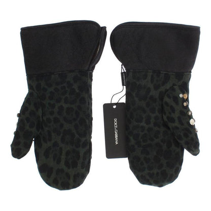 Dolce & Gabbana Gray Wool Shearling Studded Green Leopard Gloves