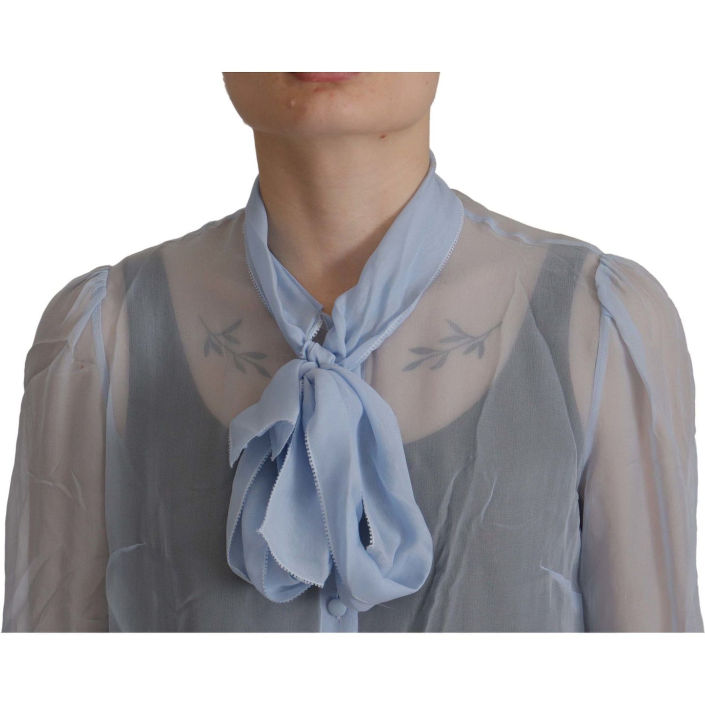 Dolce & Gabbana Light Blue Silk Ascot Collar Long Sleeves Top