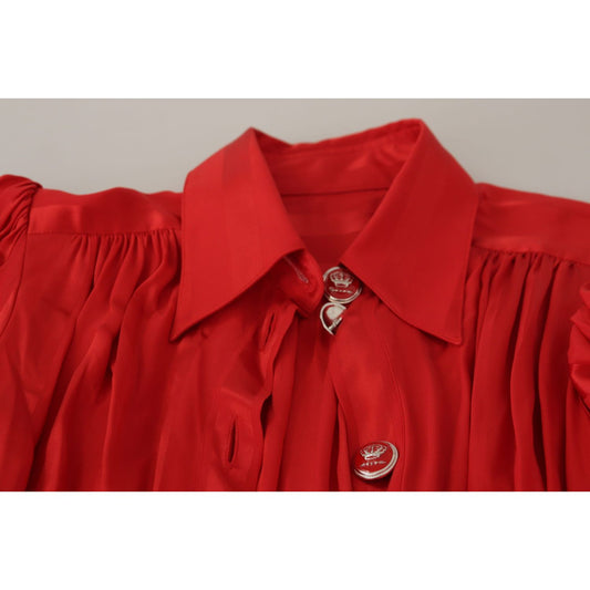 Dolce & Gabbana Red Button Down Belted Midi Satin Silk Dress