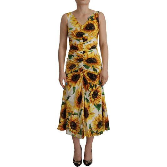 Dolce & Gabbana White Sunflower Print Sheath Midi Silk