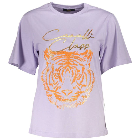 Cavalli Class Elegant Purple Round Neck Tee with Logo Print Cavalli Class