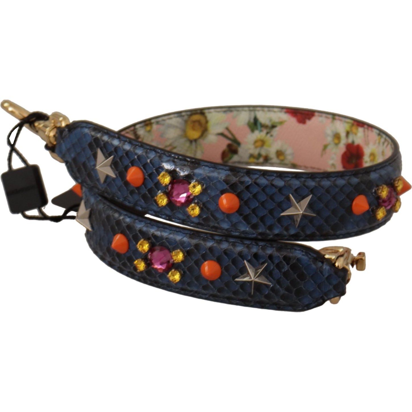 Dolce & Gabbana Blue Exotic Leather Crystals Reversible Shoulder Strap 1728,67345645728,Bags,Blue,Dolce & Gabbana,Leather Accessories - Women - Bags,Material: 100% Python Leather,New with tags,Shoulder Straps - Bags,Women,Women - Bags