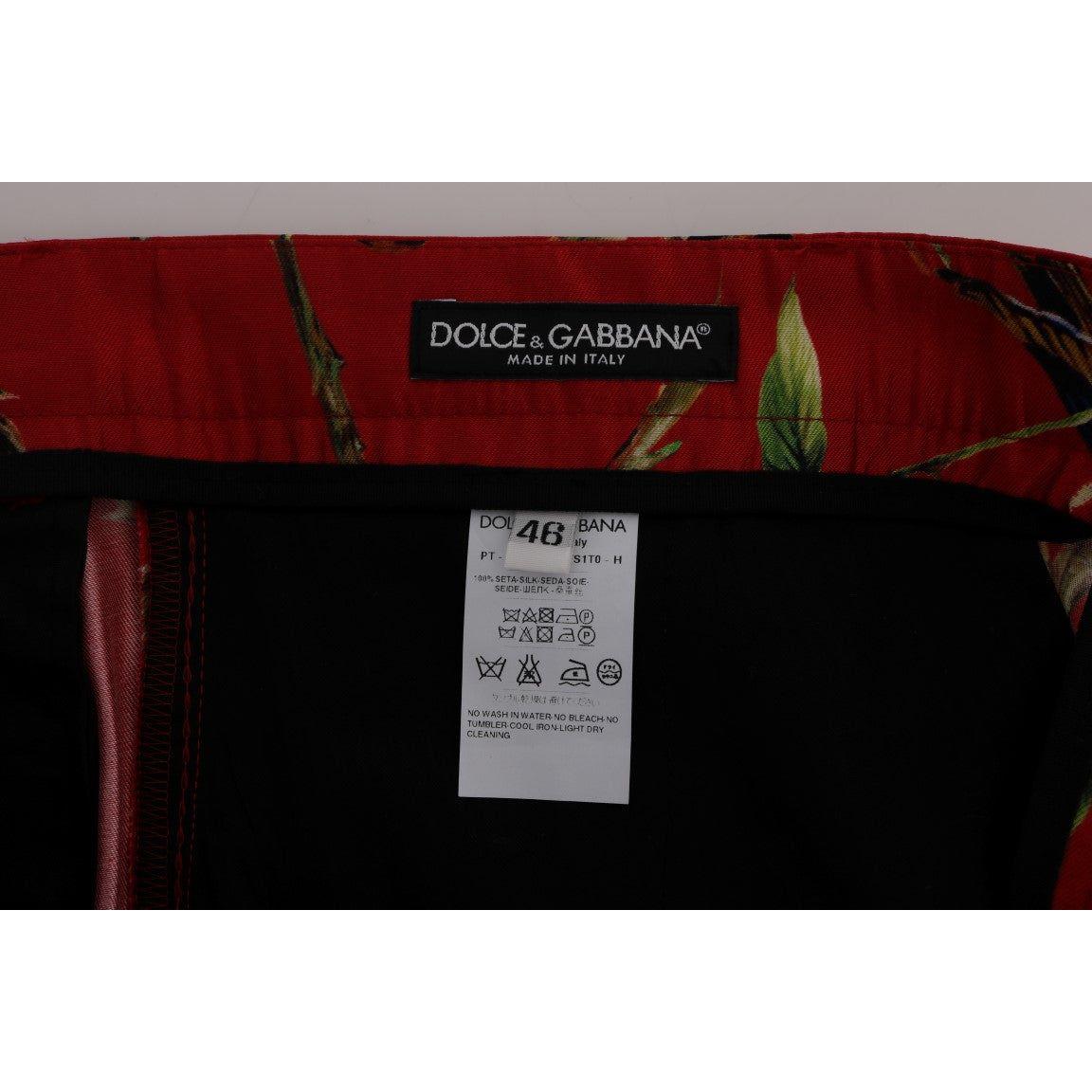 Dolce & Gabbana Red Silk Bird Print Dress Pants