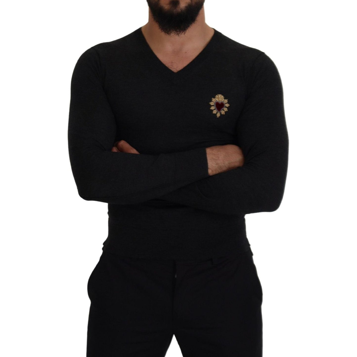 Dolce & Gabbana V-Neck Cashmere Sweater with Heart Embroidery Dolce & Gabbana