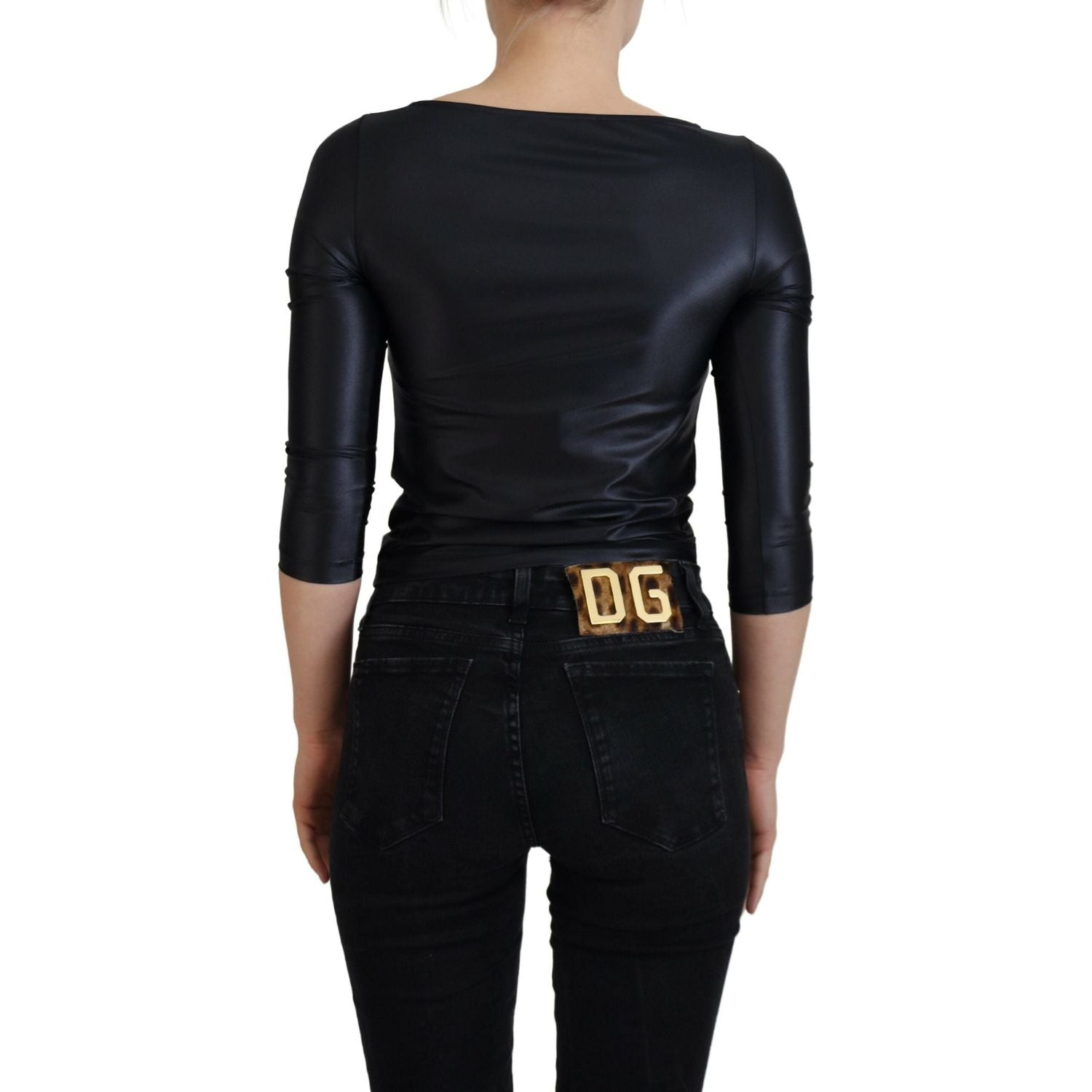 Dolce & Gabbana Black Cotton Stretch Open Chest 3/4 Sleeve Top